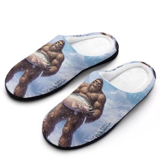 Generic Winter Bigfoot Trout Fish Womens Slippers Warm House Slippers Indoor House Shoes with Anti-Skid Rubber Sole