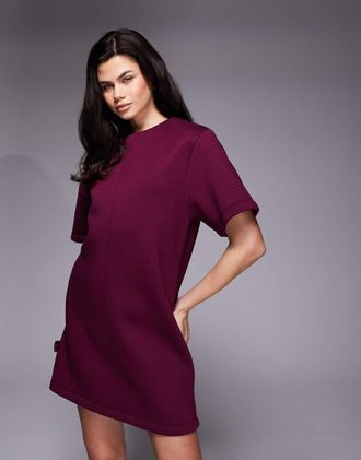 Asos Vestito corto oversize a maniche corte in tessuto scuba strutturato bordeaux-Rosso