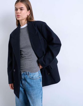 Topshop Heritage - Blazer in twill di misto lana blu navy