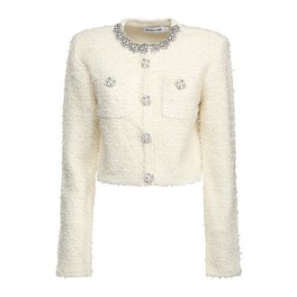 Self Portrait Cardigans, female, White, Size: L White Textured Knit Cardigan Sweater