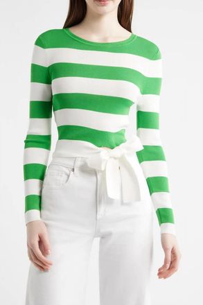 Milly Gia Stripe Waist Tie Pullover Sweater In Green/white