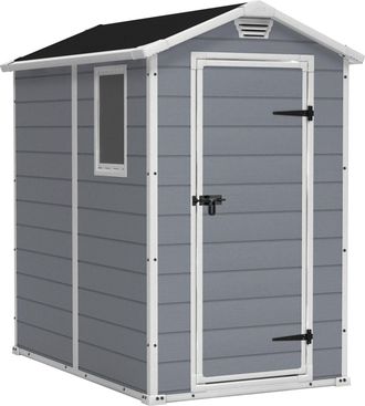 Keter Manor 4x6 - Caseta De Jard&iacute;n 130x198x192 Cm 1 Puerta Para Almacenamiento De Herramientas Acabado Efecto Madera Rayada En Resina Gris