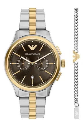 Emporio Armani Chronograph Two-Tone Bracelet Watch Set, 42mm in Silver at Nordstrom