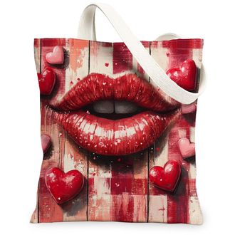 Generic Romantic Lips Canvas Tote Bags, Heart Pattern Lightweight Washable Shoulder Strap Reusable Grocery Bags for Valentines Day Shopping Beach Picnic 13x15