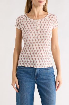 Lucky Brand Pointelle Cap Sleeve Cotton Blend Henley in Pink Multi at Nordstrom Rack, Size X-Small