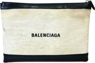 Balenciaga Pre-owned Clutches, male, Beige, Size: ONE SIZE Pre-owned Navy Clip M Leather Canvas Clutch Bag