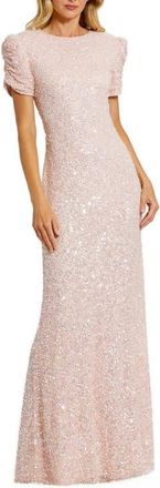 Mac Duggal Petite Gathered Short Sleeve Beaded Gown in Blush at Nordstrom, Size 10