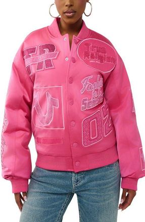 True Religion Rhinestone Embellished Logo Bomber Jacket in Magenta at Nordstrom, Size Xx-Large