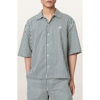 AllSaints Chopin Oversize Stripe Short Sleeve Cotton Button-Up Shirt in Green/White at Nordstrom, Size Xx-Large