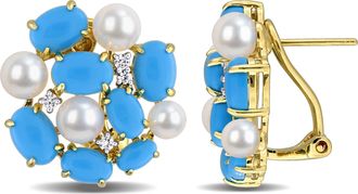 Mimi & Max 4mm Cultured Freshwater Pearl 11 1/5ct TGW Created Turquoise Created White Sapphire Earrings Yellow Silver