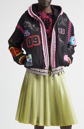 Chopova Lowena Wolfpack Patch Full Zip Fleece Varsity Hoodie in Black Multi at Nordstrom, Size X-Small