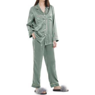 LilySilk Gold Piping Silk Pajamas Set in Avocado Green at Nordstrom, Size Medium