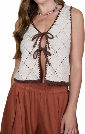 Blu Pepper Contrast Stitch Crochet Knit Front Tie Vest In Natural