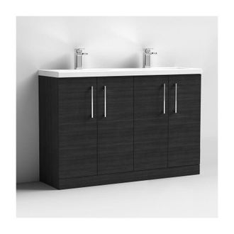 Nuie Nuie Arno Floor Standing 4-Door Vanity Unit with Double Ceramic Basin 1200mm Wide - Black Woodgrain