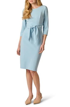 Adrianna Papell Tie Waist Crepe Sheath Dress in Blue Mist at Nordstrom, Size 10