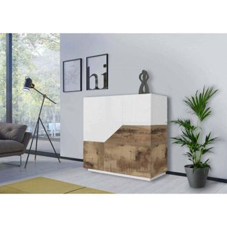 Dmora Credenza Amento, Madia da cucina a 2 ante geometriche, Buffet da soggiorno, Madia da cucina, 100% Made in Italy, cm 79x43h86, Bianco lucido e Acero