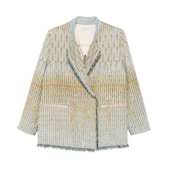 Forte_Forte Blazers, female, Beige, Size: L Blue Butterfly Embellished Beige Jacket
