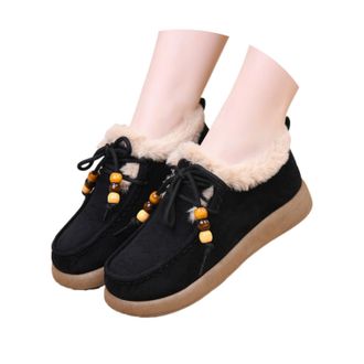 Generic Womens Suede Platform Loafers with Fur Lined Fashion Suede Furry Collar Slip On Winter Ankle Boots Winter Outdoor Daily Work Walking Shoes (Black,6.5)