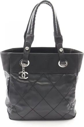 Chanel Black Coated Canvas Leather Handbag Tote Bag (Pre-Owned)