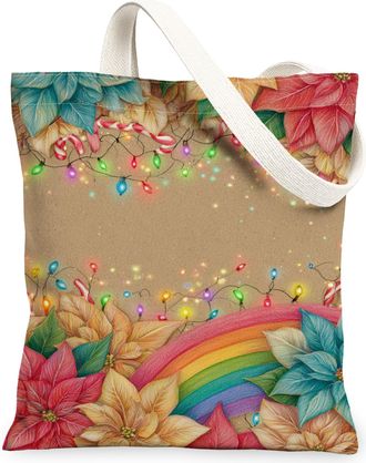 Generic Festive Floral Canvas Tote Bags, Colorful Flower Pattern Reusable Grocery Bags, Vintage Lightweight Washable Shoulder Strap, Multicolor, 13x15 Inch