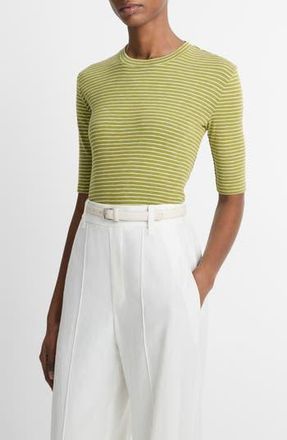 Vince Stripe Elbow Sleeve Cotton Blend Knit Top in Herbaria Combo at Nordstrom Rack, Size Xx-Small