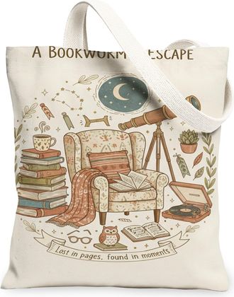Generic Vintage Cozy Canvas Tote Bags, Bookworm Escape Print Reusable Shopping Bags, Lightweight Washable Eco-Friendly Shoulder Str, Beige, 13x15 Inch