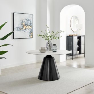 Furniturebox Nina White Marble Effect Round Ceramic Dining Table in Off-White