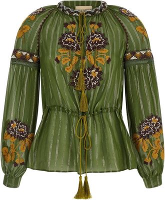 Valentino Garavani Zijden Chiffon & Lurex Blouse - Dames - Blouses - Groen - M - Chiffon - Overhemden