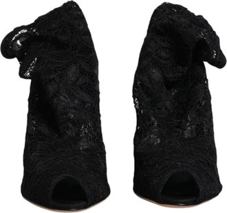 Dolce & Gabbana Black Lace Stretch Heels Mid Calf Boots Womens Shoes