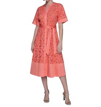 Karl Lagerfeld Eyelet Cotton A-Line Shirt Dress In Coral