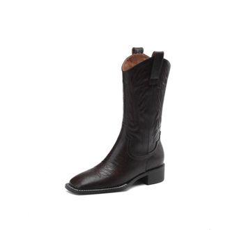 Generic Womens Cowboy Boots PU Leather Embroidered Design Pull Tab Square Toe Low Block Heels Mid-Calf Soft Lining Cushioned Insole Durable Outsole,Brown,3.5 