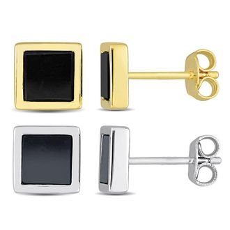 Amour Mens 2-Piece Set 2ct Black Onyx and Hematite Square Stud Earrings in Yellow and Sterling Silver