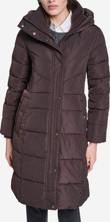 Cole Haan Womens Taffeta Down Coat with Knit Collar - Brown Size Medium