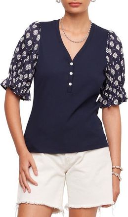 Fifteen Twenty Tamra Contrast Puff Sleeve Henley in Navy at Nordstrom, Size X-Small