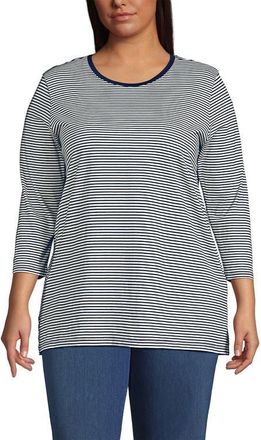 Lands End 3/4 Sleeve Cotton Supima Tunic in Deep Sea/ivory Micro Stripe at Nordstrom, Size 1X