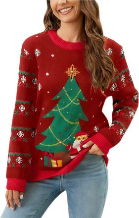 Generic Womens Christmas Jumpers - Xmas Knitted Reindeer Snowflake Print Jumper for Women UK, Novelty Pullover Sweater, Ugly Funny Christmas Jumpers - Crew Ne