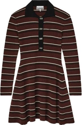 Ganni Polo Jurk in Gestreept Merino - Dames - Kleedjes - Bruin - XS - Wol - Kleedjes