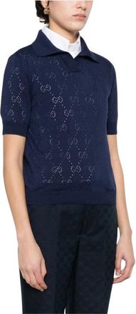 Gucci Pointelle Katoen en Zijde Polo - Dames - Polos - Blauw - M - Katoen - Tops