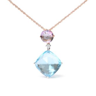 House of Brilliance 18K White and Rose Gold Round Diamond Accent & Rose De France Pink Amethyst & Cushion Cut Sky Blue Topaz Dangle Drop 18 Necklace