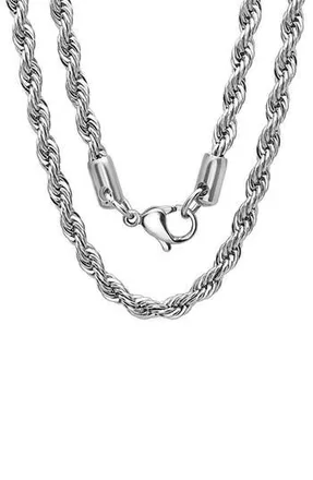 Steeltime Mens Stainless Steel Rope Chain Necklace in Silver at Nordstrom Rack, Size 20