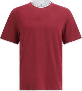 Brunello Cucinelli Tops, Heren, Rood, L, Katoen, Dubbele laag zoom katoenen T-shirt