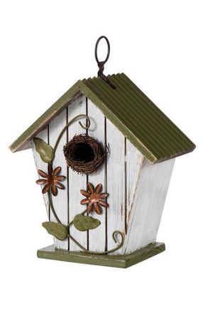 Glitzhome Distressed Solid Wood Decorative Outdoor Garden Birdhouse with 3D Flower or Maple in Green at Nordstrom, Size Medium