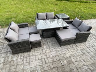 Fimous Wicker PE Rattan Garden Furniture Set Height Adjustable Rising Lifting Table Sofa Dining Set with Side Table in Dark Grey