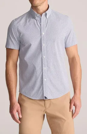 UNTUCKit Microprint Short Sleeve Performance Button-Down Shirt in Navy at Nordstrom, Size X-Large