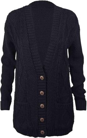 Generic New Womens Long Sleeve Button Top Ladies Chunky Aran Cable Knit Grandad Cardigan (S/M 8-10, Black)