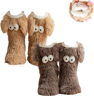 Generic Cozy Socks with Eyes,Cute Eye Winter Fuzzy Non-slip Slipper Socks,Fuzzy Soft Cozy Comfortable Socks for Women,Home Floor Shoes (Brown+Gray)