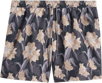 BOSS Iris Floral Swim Trunks in Black at Nordstrom, Size Xx-Large