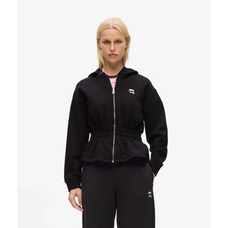 Karl Lagerfeld Hooded Zip Jacket with Elastic Waist - Dames - Vesten met rits - Zwart - S - Katoen - Hoodies & sweatvesten