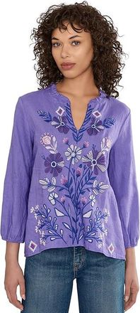 Johnny Was Ruffle Field Blouse - Adina Womens Clothing Paisley Purple : 2XL, Linen