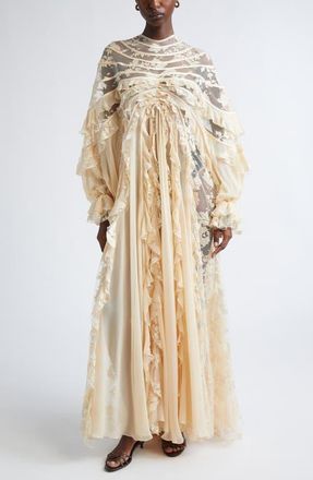 Zimmermann Rebellion Splice Long Sleeve Lace Ruffle Silk Maxi Dress in Cream at Nordstrom, Size 0